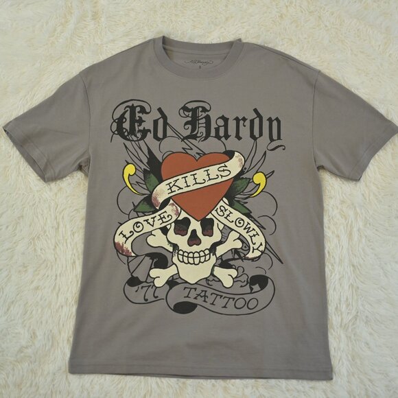 Ed Hardy Men's/Teen Grey T-Shirt Love Kills Slowly - Picture 1 of 3